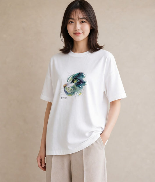 デザインTシャツ レディース サビ猫 猫 ねこ イラスト モード 誕生日プレゼント 綿100 白T YMAZO