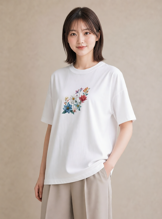 デザインTシャツ レディース コスモス 秋桜 花 花柄 イラスト 休日コーデ 自分用 ルームウェア 白T YMAZO