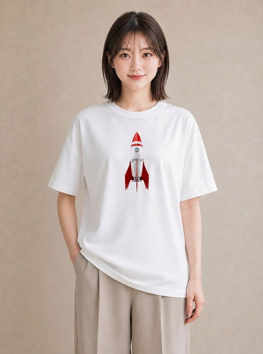 Tシャツ レディース ロケット 星空 宇宙 イラスト カフェコーデ 親子 20代 白T YMAZO