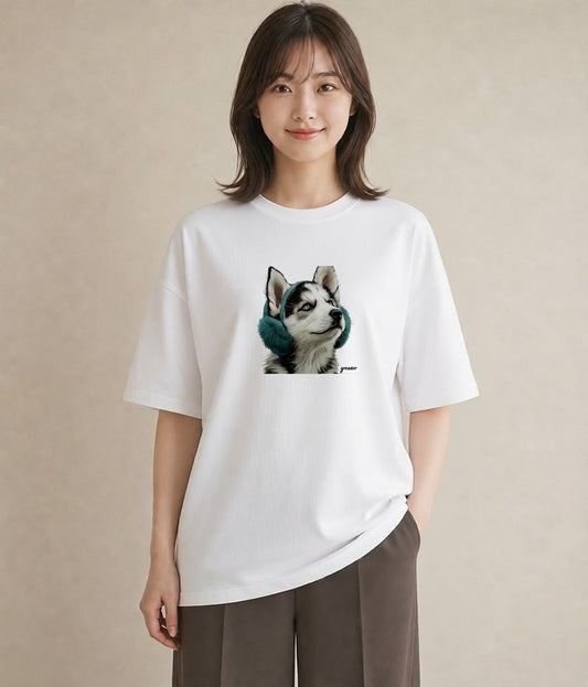 デザインTシャツ レディース シベリアンハスキー 犬 いぬ イラスト きれいめ 送別ギフト 通勤 白T YMAZO