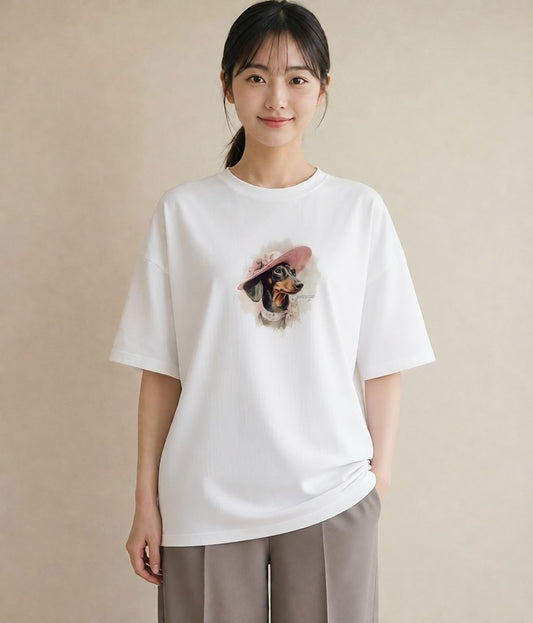 半袖Tシャツ レディース ミニチュアダックスフンド 犬 いぬ イラスト シック 夏コーデ 通学 白T YMAZO