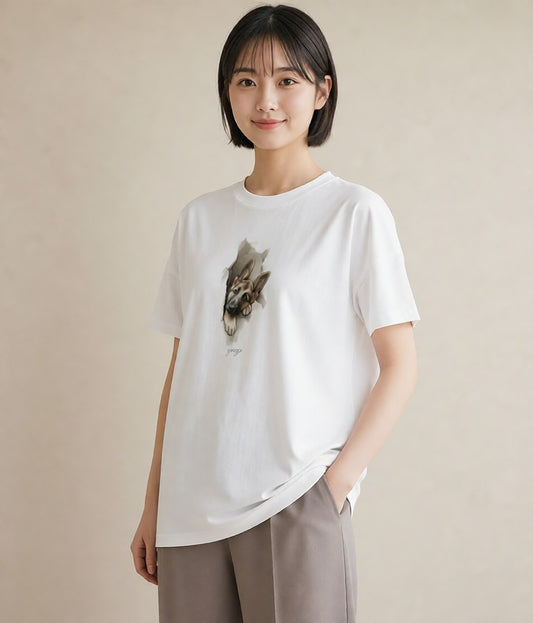 デザインTシャツ レディース ジャーマンシェパード 犬 いぬ イラスト ラフ 休日 ペアコーデ 白T YMAZO