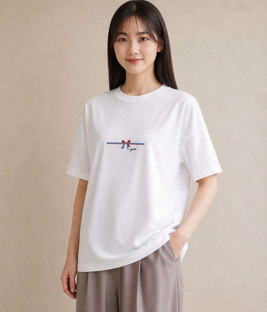 プリントTシャツ レディース リボン ボウ りぼん イラスト 普段使い 通勤 在宅 白T YMAZO