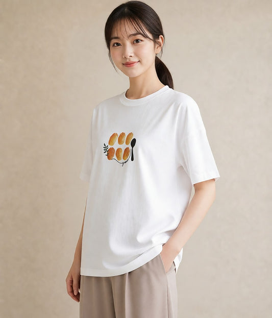 デザインTシャツ レディース クロワッサン 食べ物 フード イラスト 普段使い 普段着 週末コーデ 白T YMAZO