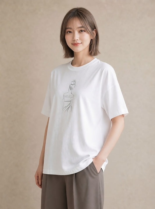 Tシャツ レディース 女の子 ガール 後ろ姿 イラスト ゆるコーデ 買い物 夏コーデ 白T YMAZO