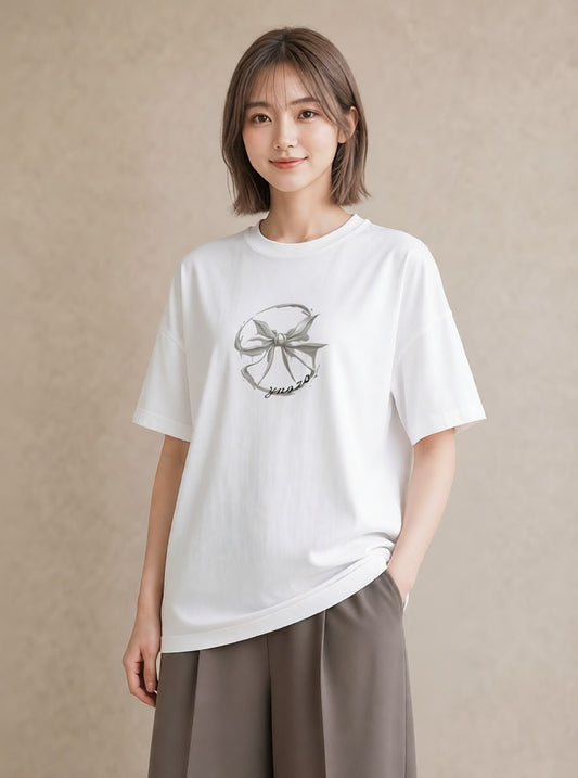 Tシャツ レディース リボン ボウ りぼん イラスト ボタニカル 敬老の日 ホワイトデー 白T YMAZO
