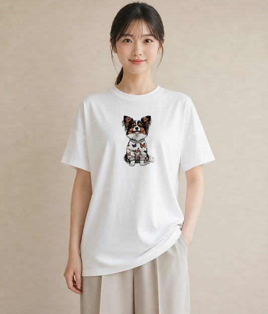 グラフィックTシャツ レディース パピヨン 犬 いぬ イラスト カジュアル 散歩 お出かけ 白T YMAZO