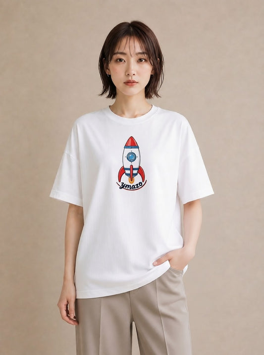 Tシャツ レディース ロケット 星空 宇宙 イラスト ヴィンテージ風 普段着 週末コーデ 白T YMAZO