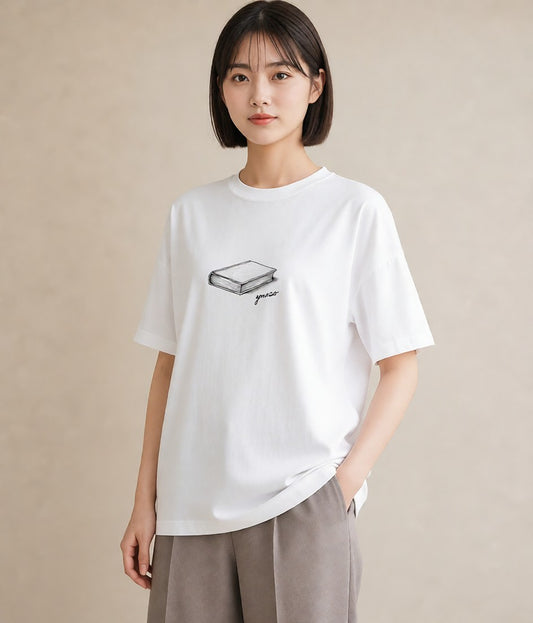 デザインTシャツ レディース 本 読書 ブック イラスト 水彩風 ラフ レイヤード 白T YMAZO