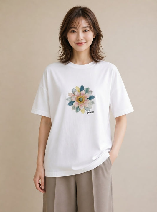 半袖Tシャツ レディース マーガレット 花 花柄 イラスト 韓国風 社会人 女性 白T YMAZO