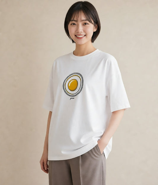半袖Tシャツ レディース 目玉焼き 食べ物 フード イラスト ゆるコーデ 週末コーデ 敬老の日 白T YMAZO