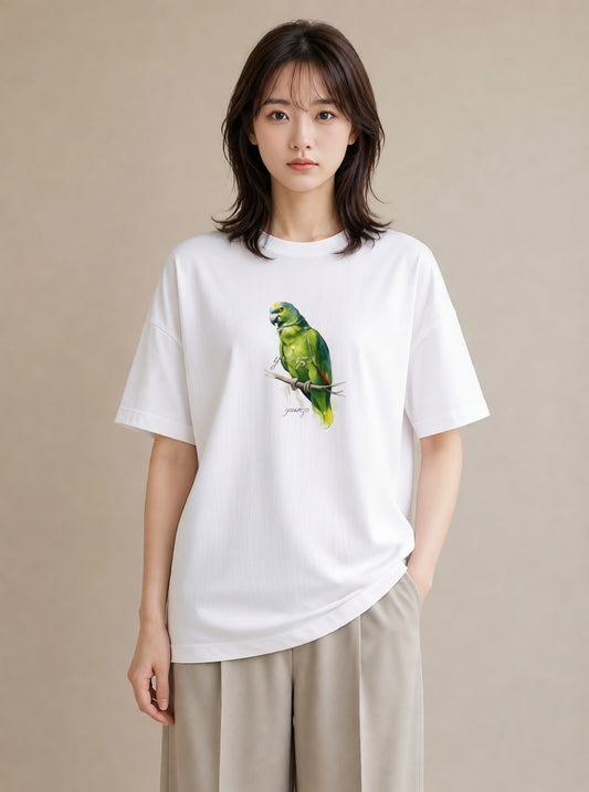 プリントTシャツ レディース コザクラインコ ペット 動物 イラスト 線画 ママ カフェ服 白T YMAZO
