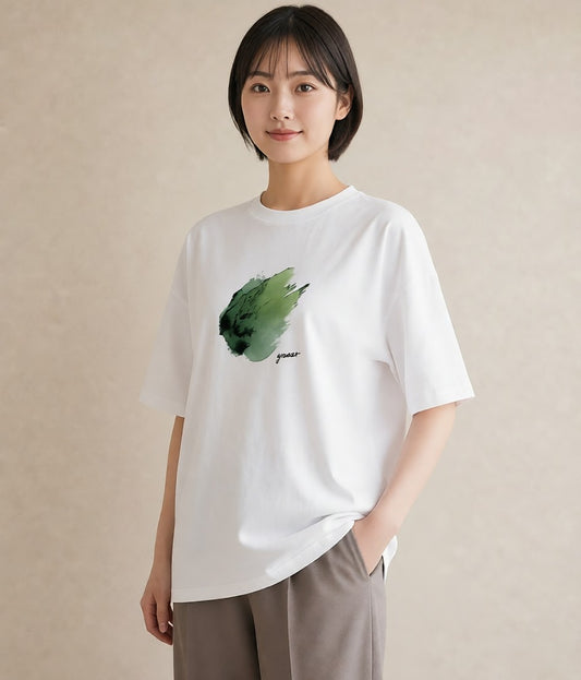 デザインTシャツ レディース 芝生 植物 ボタニカル イラスト ユニーク カフェ服 クリスマス 白T YMAZO