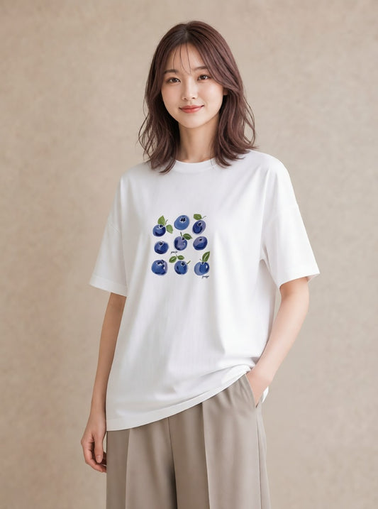 デザインTシャツ レディース ブルーベリー 食べ物 フード イラスト 韓国風 普段着 週末コーデ 白T YMAZO