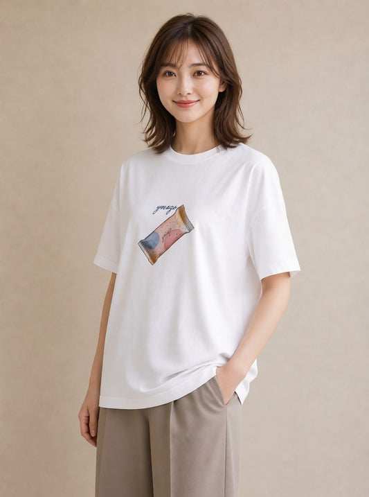 Tシャツ レディース アイス 食べ物 フード イラスト 普段使い 散歩 お出かけ 白T YMAZO
