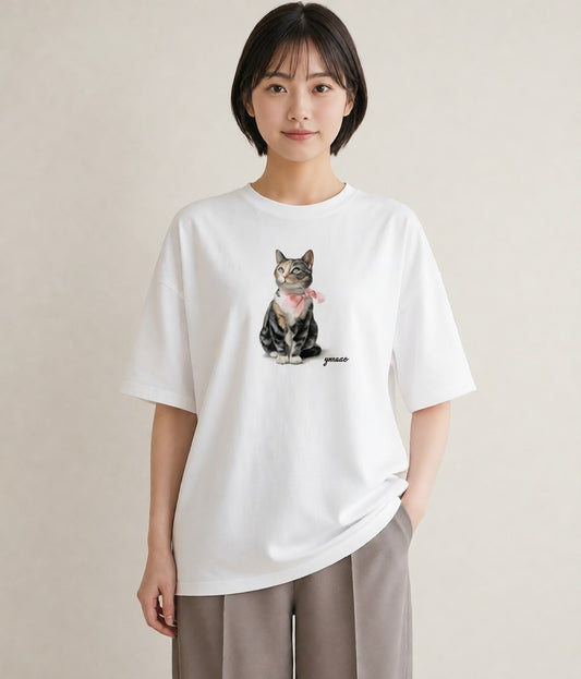Tシャツ レディース ソマリ 猫 ねこ イラスト ラフ カジュアルコーデ 買い物 白T YMAZO