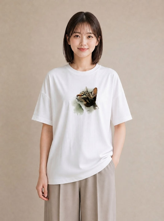 デザインTシャツ レディース 三毛猫 みけねこ 三毛 猫 ねこ イラスト カジュアル 公園 ママ 白T YMAZO