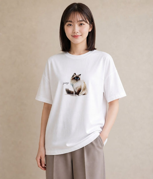 デザインTシャツ レディース 白猫 猫 ねこ イラスト ヴィンテージ風 クリスマス 旅行 白T YMAZO