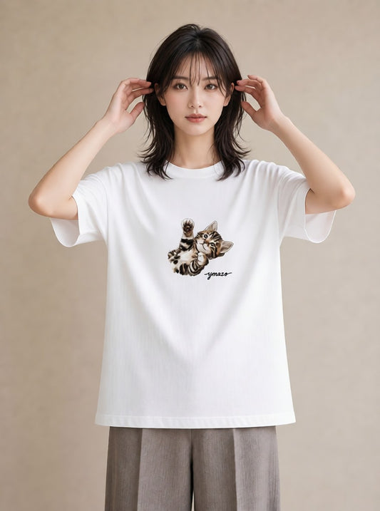 半袖Tシャツ レディース ベンガル 猫 ねこ イラスト きれいめ 誕生日プレゼント 綿100 白T YMAZO