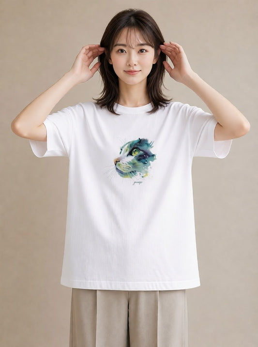 半袖Tシャツ レディース スコティッシュフォールド 猫 ねこ イラスト カフェコーデ 部屋着 女性向けギフト 白T YMAZO