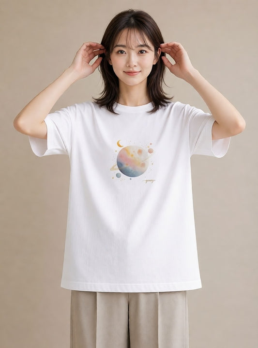デザインTシャツ レディース 三日月 星空 宇宙 イラスト 手描き風 公園 ママ 白T YMAZO