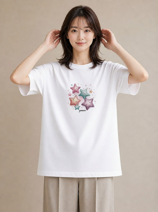 半袖Tシャツ レディース スター 星空 宇宙 イラスト ゆるかわ 女性向けギフト 散歩 白T YMAZO