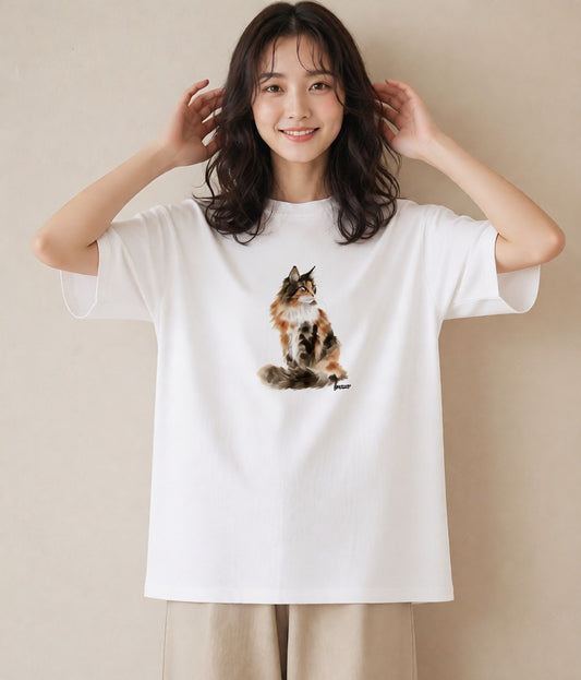 Tシャツ レディース おすわり猫 猫 ねこ イラスト カジュアル 公園 ママ 白T YMAZO