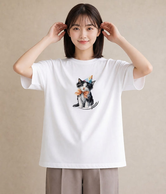 プリントTシャツ レディース ハチワレ 白黒猫 猫 ねこ イラスト 水彩風 カフェ巡り 女子会 白T YMAZO