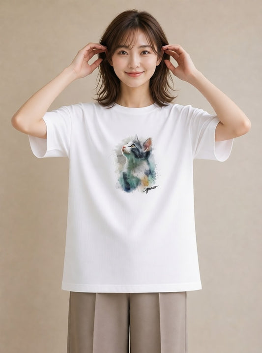 半袖Tシャツ レディース しっぽ 猫 ねこ イラスト ゆるコーデ 綿100 デート 白T YMAZO