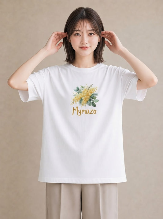 半袖Tシャツ レディース ミモザ 花 花柄 イラスト きれいめ 送別ギフト 通勤 白T YMAZO