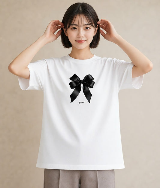 グラフィックTシャツ レディース リボン ボウ りぼん イラスト カフェコーデ お出かけ 普段着 白T YMAZO