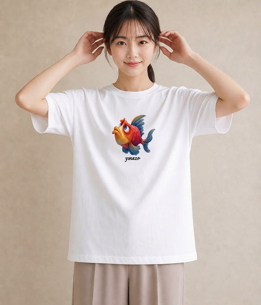 半袖Tシャツ レディース らんちゅう ペット 動物 イラスト お洒落 ペアコーデ 秋コーデ 白T YMAZO