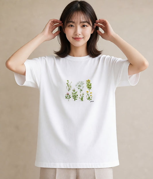 デザインTシャツ レディース ハーブ 植物 ボタニカル イラスト 可愛い 春服 ミセス 白T YMAZO
