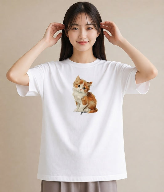 半袖Tシャツ レディース 茶トラ 茶猫 猫 ねこ イラスト モード 普段着 週末コーデ 白T YMAZO