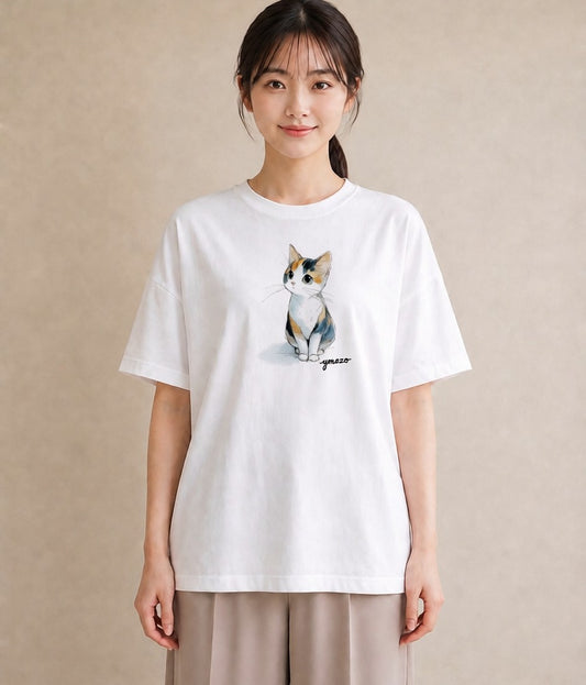 デザインTシャツ レディース ハチワレ 白黒猫 猫 ねこ イラスト カフェコーデ 女性 旅行用 白T YMAZO