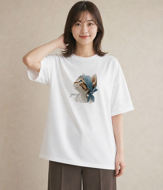 半袖Tシャツ レディース ねこ 猫 ネコ イラスト シンプル 敬老の日 ホワイトデー 白T YMAZO