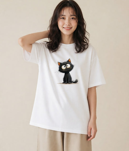 グラフィックTシャツ レディース 黒猫 猫 ねこ イラスト 20代 カジュアルコーデ 白T YMAZO