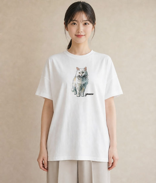Tシャツ レディース ねこ 猫 ネコ イラスト ラフカジュアル デイリーウェア 休日 白T YMAZO