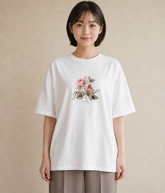 Tシャツ レディース 椿 花 花柄 イラスト ガーリー デイリーウェア 休日 白T YMAZO