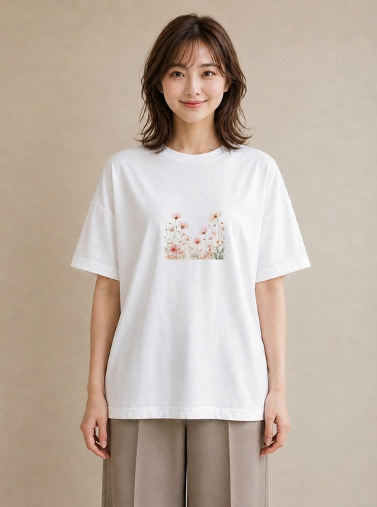 グラフィックTシャツ レディース コスモス 秋桜 花 花柄 イラスト ギフト 母の日 白T YMAZO