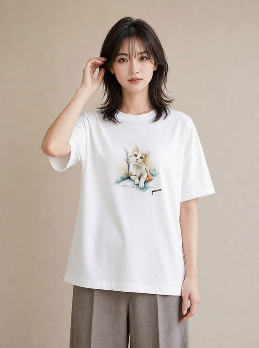 デザインTシャツ レディース サバトラ 猫 ねこ イラスト シック 母の日 ビーチ 白T YMAZO