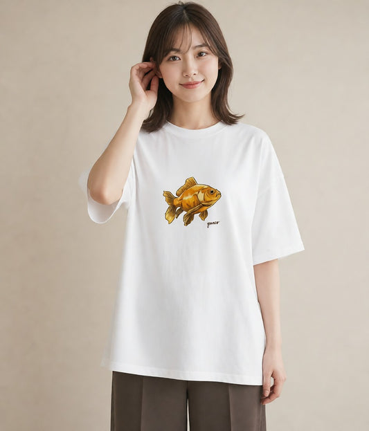 半袖Tシャツ レディース らんちゅう ペット 動物 イラスト ニュアンス 海 カフェ巡り 白T YMAZO