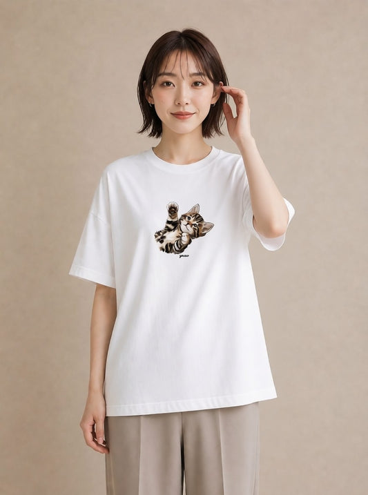 プリントTシャツ レディース ぶち猫 猫 ねこ イラスト ポップ 母娘コーデ 自分用 白T YMAZO