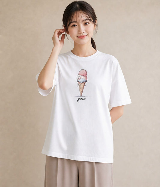 デザインTシャツ レディース アイス 食べ物 フード イラスト ナチュラル カフェ服 クリスマス 白T YMAZO