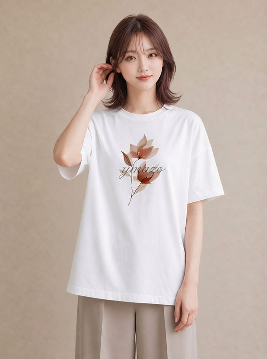 デザインTシャツ レディース 落ち葉 植物 ボタニカル イラスト こなれ感 通勤 在宅 白T YMAZO