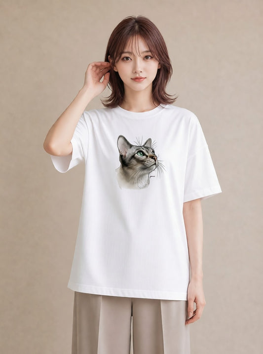 デザインTシャツ レディース アメリカンショートヘア 猫 ねこ イラスト こなれ感 秋コーデ おしゃれギフト 白T YMAZO