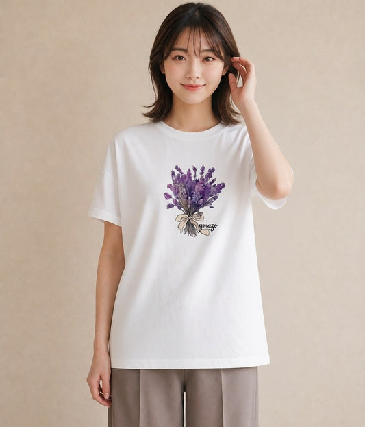 グラフィックTシャツ レディース ラベンダー 花 花柄 イラスト カフェコーデ クリスマス 旅行 白T YMAZO