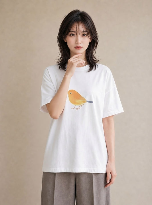 半袖Tシャツ レディース 小鳥 ペット 動物 イラスト 北欧風 散歩 お出かけ 白T YMAZO