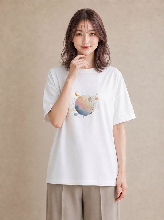 Tシャツ レディース 流れ星 星空 宇宙 イラスト アート風 社会人 女性 白T YMAZO
