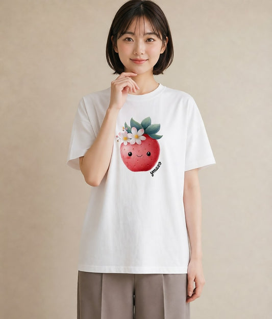 デザインTシャツ レディース いちご 苺 ストロベリー 食べ物 フード イラスト 普段使い レイヤード 友達ギフト 白T YMAZO